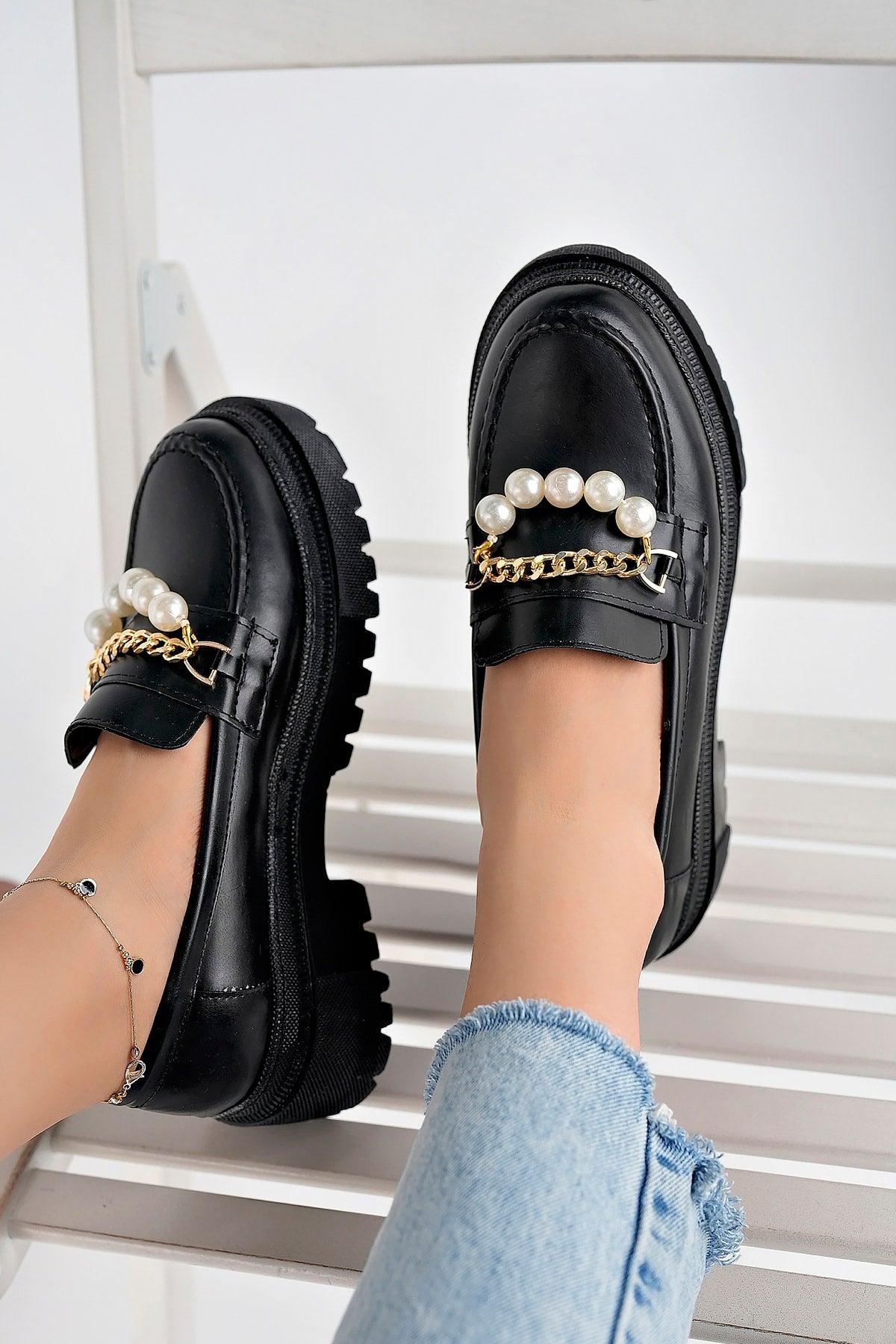 Women's Thick Sole Loafer Loafers Black With Pearls - Swordslife