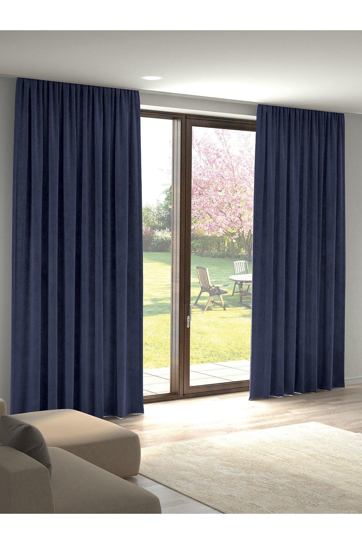 Velvet Textured Dark Blue Island Backdrop Curtain Extraforward Pleated - Swordslife