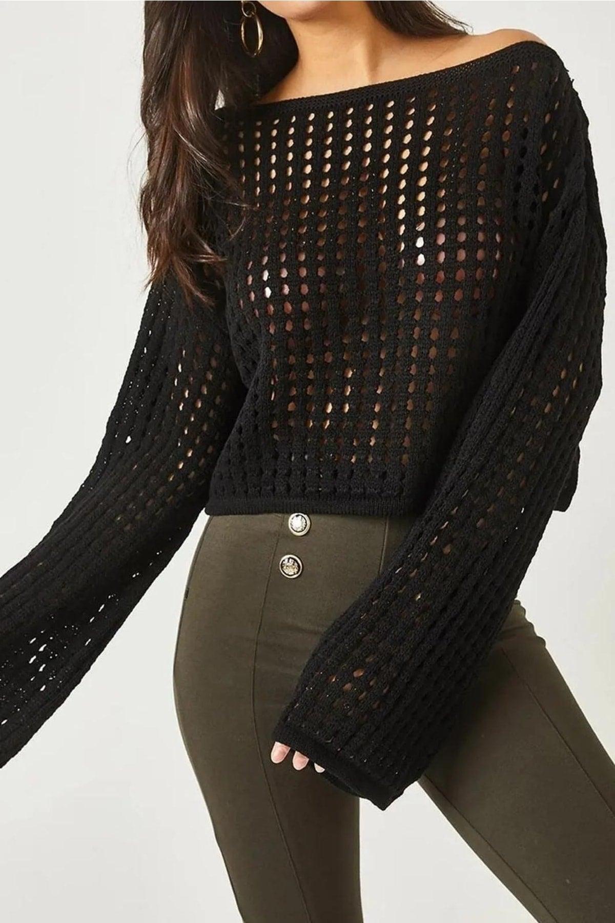 Women's Black Spanish Sleeve Wide Collar Openwork Loose Hole Crop Knitwear Blouse - Swordslife