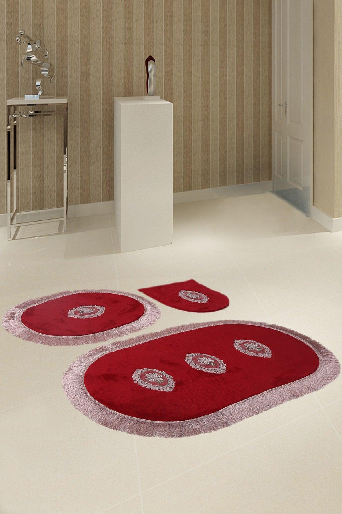 Polaris Claret Red 3 Pcs Bath Mat Set Non-Slip Base Dowry Lacy Closet Set - Swordslife