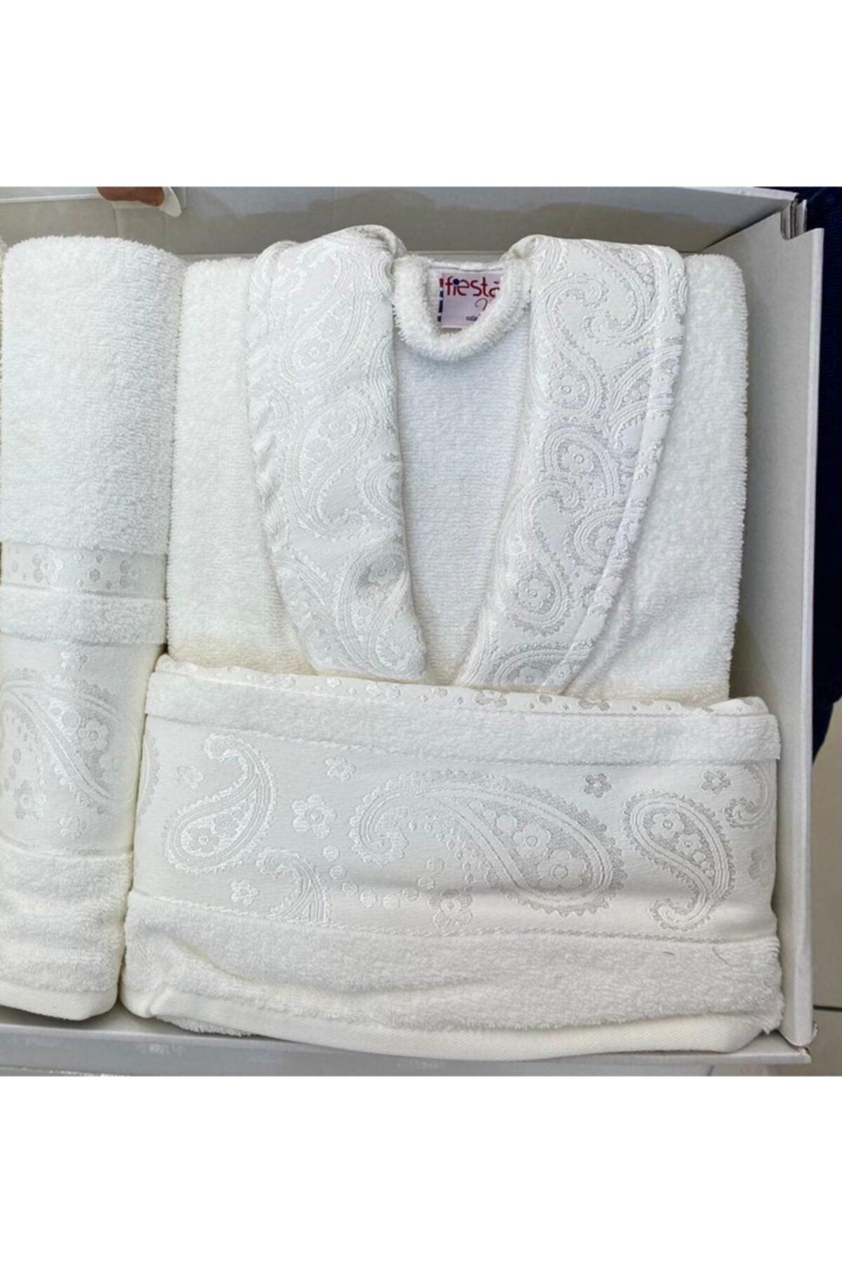 100% Cotton Jacquard Single 3 Piece Bathrobe Set Cream - Swordslife