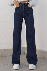 Navy Blue Women Loose Lycra High Wide Leg Denim Palazzo Trousers - Swordslife