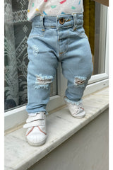 Adjustable Elastic Waist Ripped And Cut-Off Detail Denim Trousers