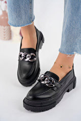 Women's Black Chain Thick Sole Loafers Loafers Platinum Chain - Swordslife