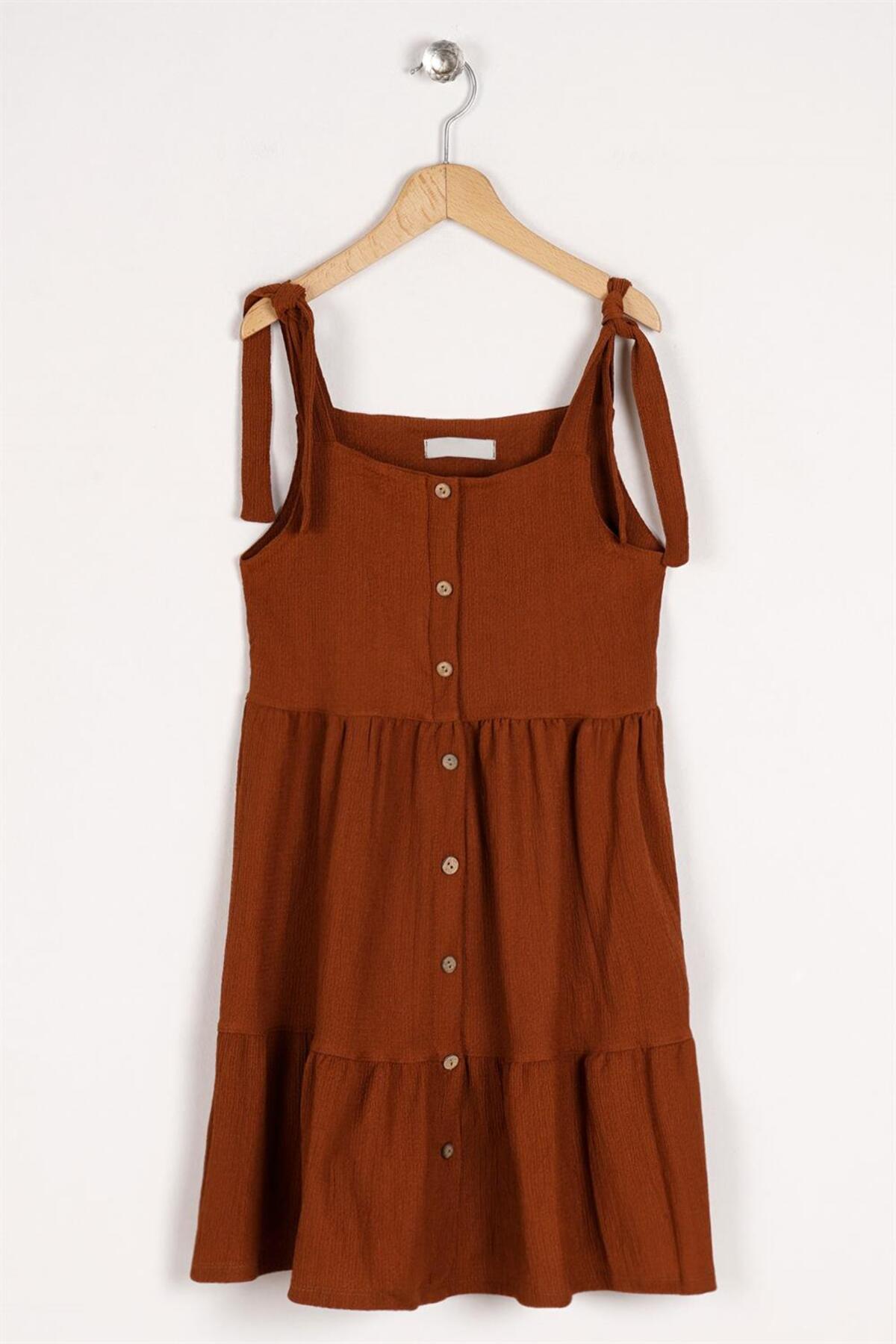 Girl Brown Colored Strap Front Button Detailed Dress