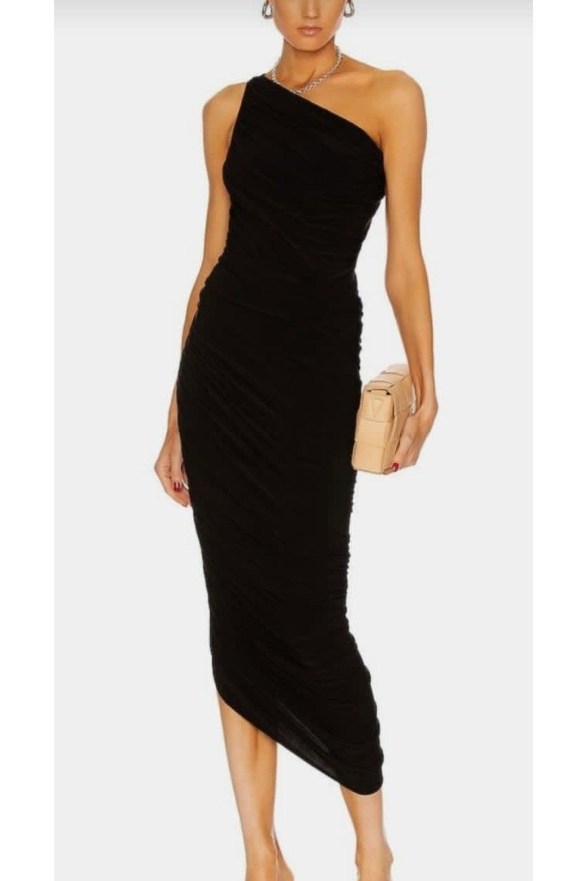 Women's Black One-Shoulder Midi Dress - Swordslife