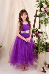 Girl's Satin Evening Dress with Back Gipe and Tulle Purple