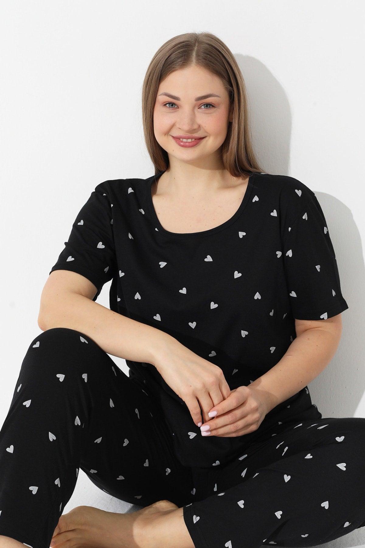 Black Heart Patterned Curve Large Size Oversized Short Sleeve Cotton Pajamas Set - Swordslife