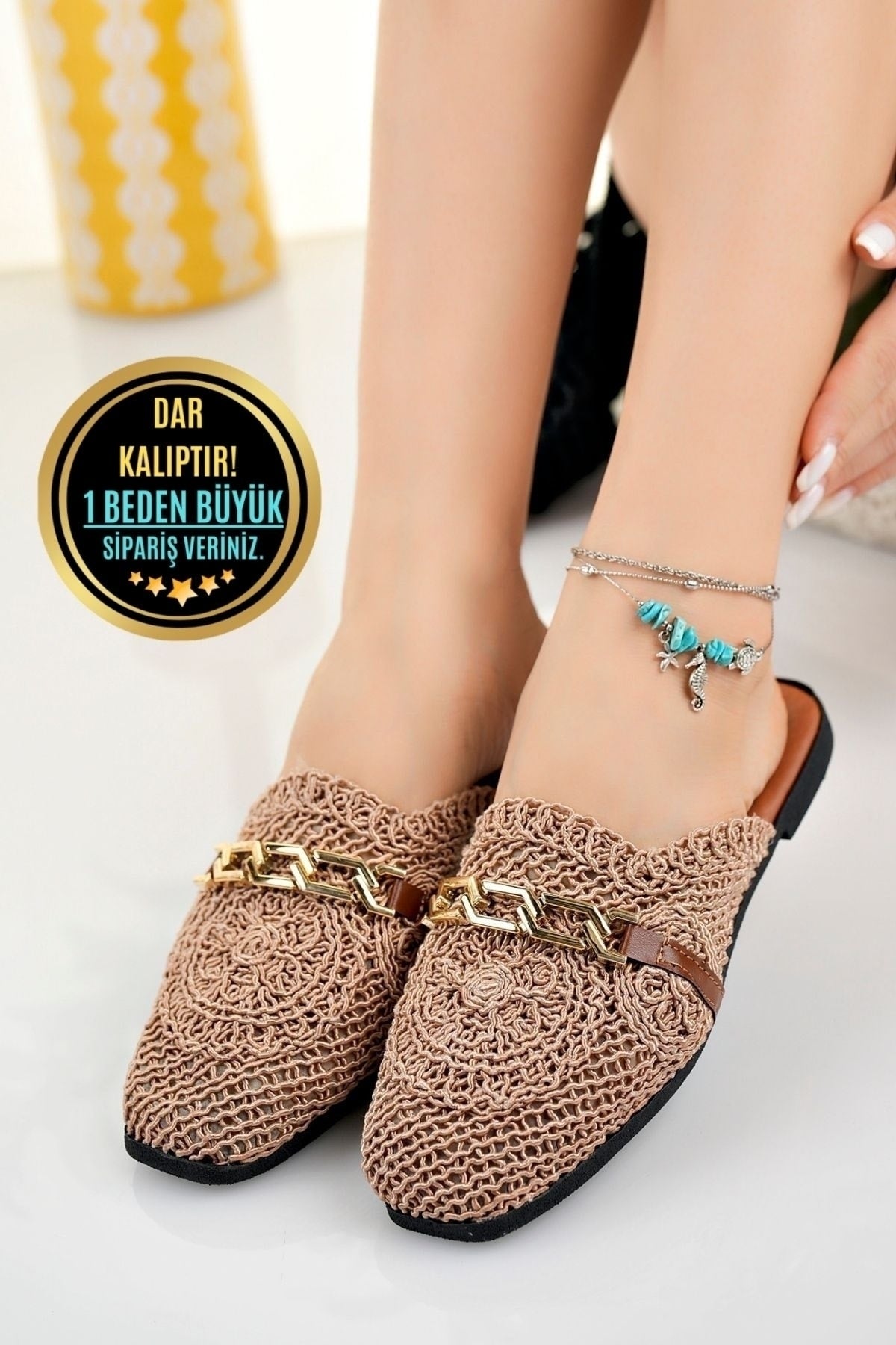 Women's Closed Front Straw Slippers Taba Lace Knitted Embroidered Dowry Daily Slippers