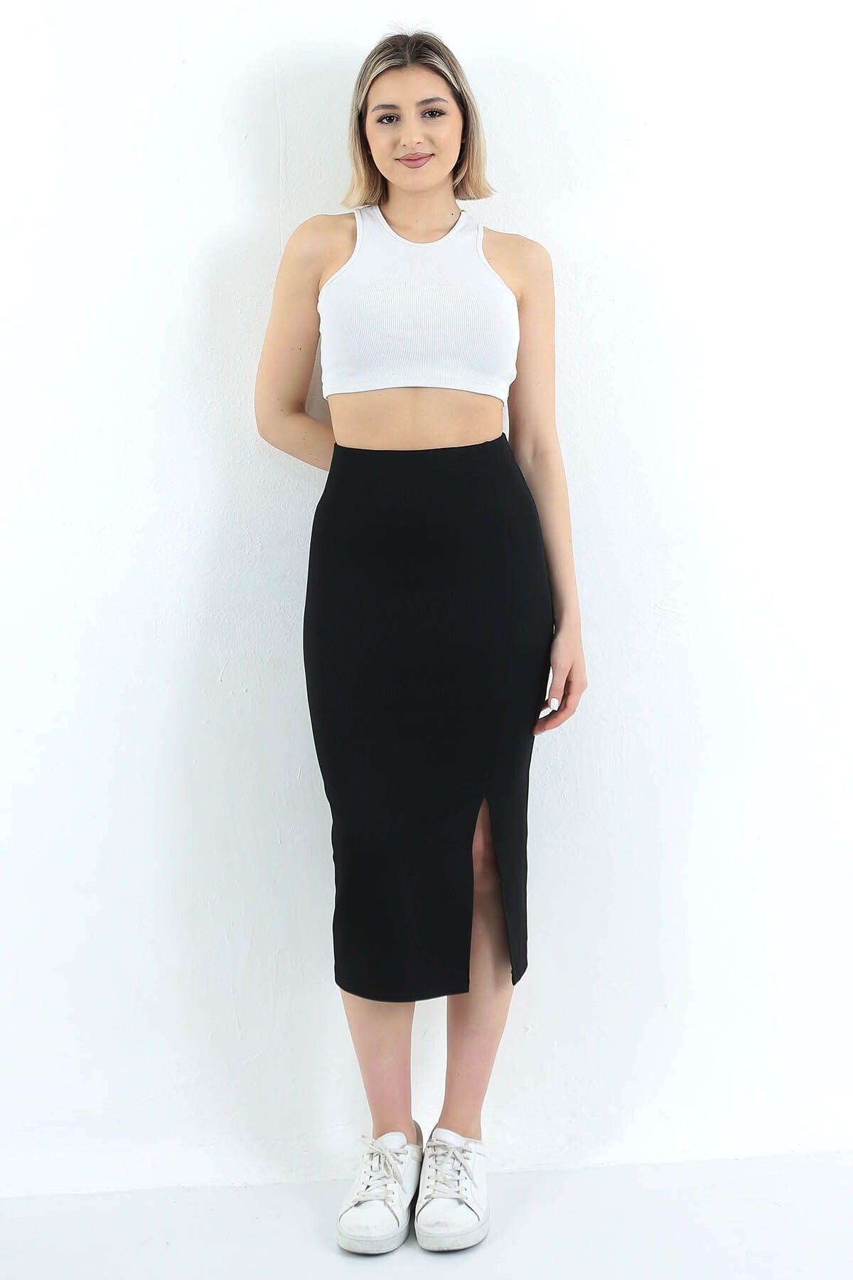 Women's Black Slit Detailed Corduroy Long Skirt - Swordslife