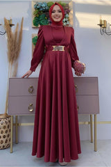 Women's Claret Red Belted Pleated Detailed Satin Evening Dress T 2973 - Swordslife