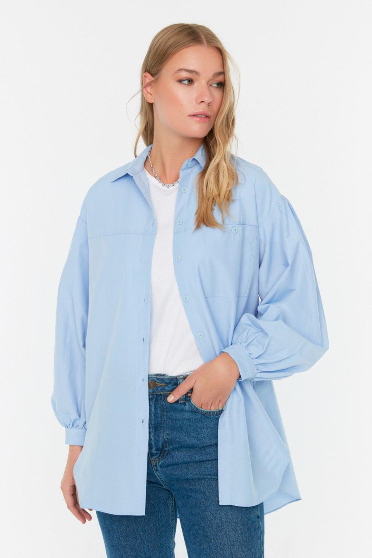 Light Blue Balloon Back Sleeve Long Pocket Detailed Basic Woven Shirt TCTSS21GO0976 - Swordslife