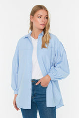 Light Blue Balloon Back Sleeve Long Pocket Detailed Basic Woven Shirt TCTSS21GO0976 - Swordslife