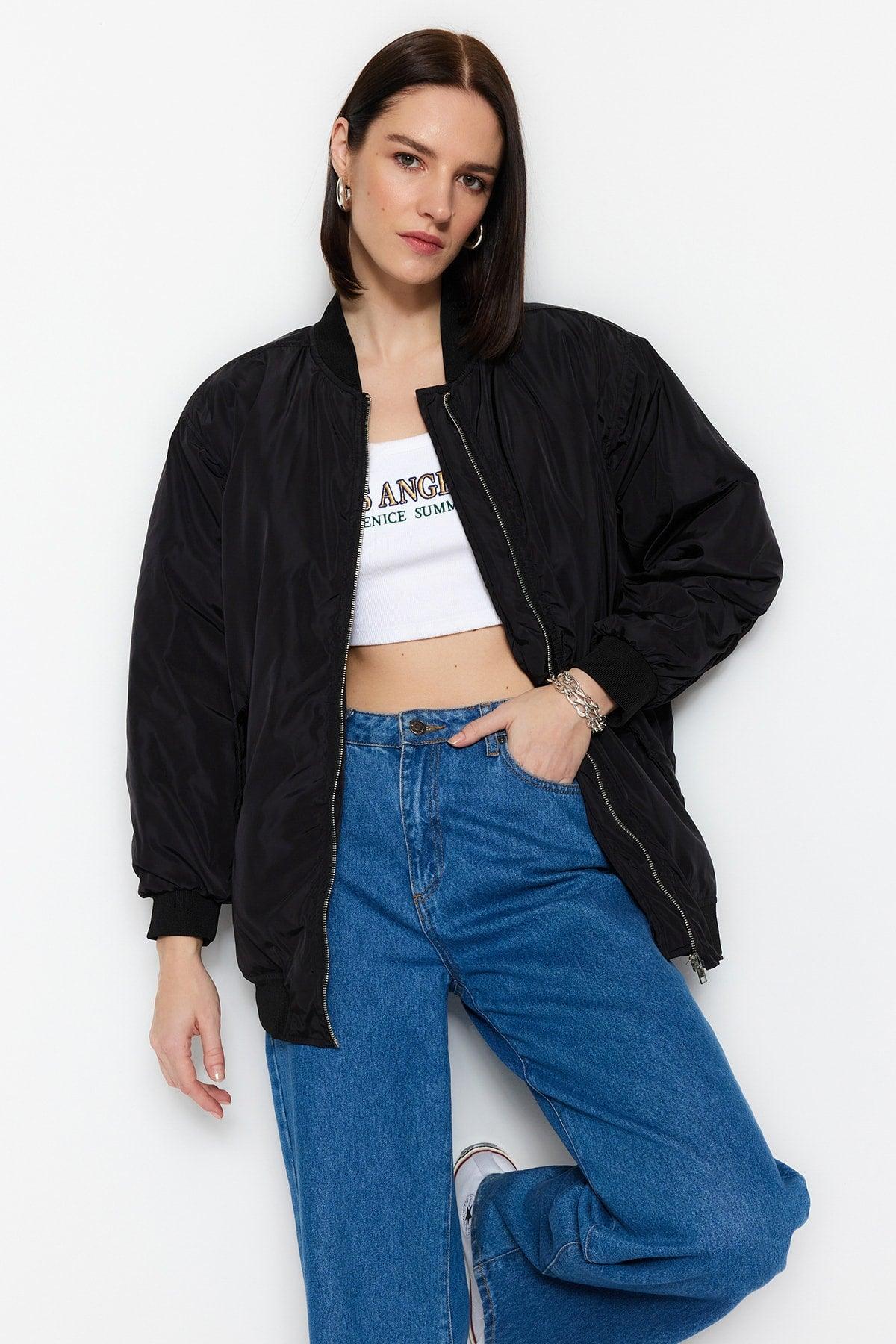 Black Oversize Sleeves Pleated Bomber Coat TWOSS23MO00048 - Swordslife