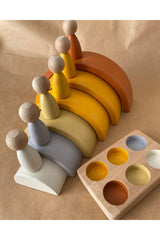 Waldorf 6 Piece Rainbow 6 Pcs Peg Baby Tray Set Pastel Color Matching Brown-Yellow Color
