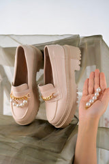 Women's Thick Sole Loafer Moccasin Shoes Pearl Beige - Swordslife