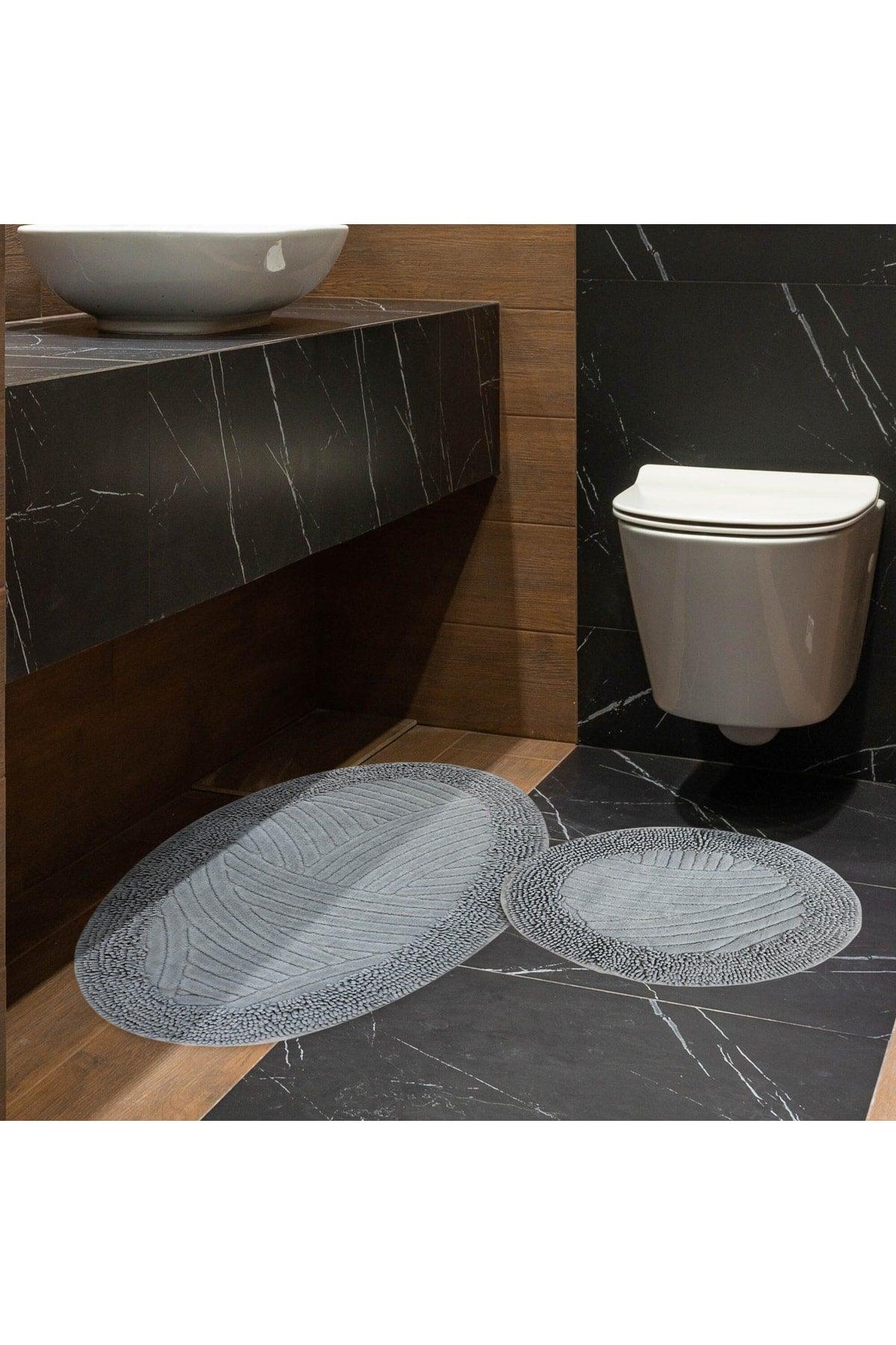Geometric Pattern Set of 2 Oval Bath Mat Set 100% Natural Cotton Round Mat Closet Set - Swordslife