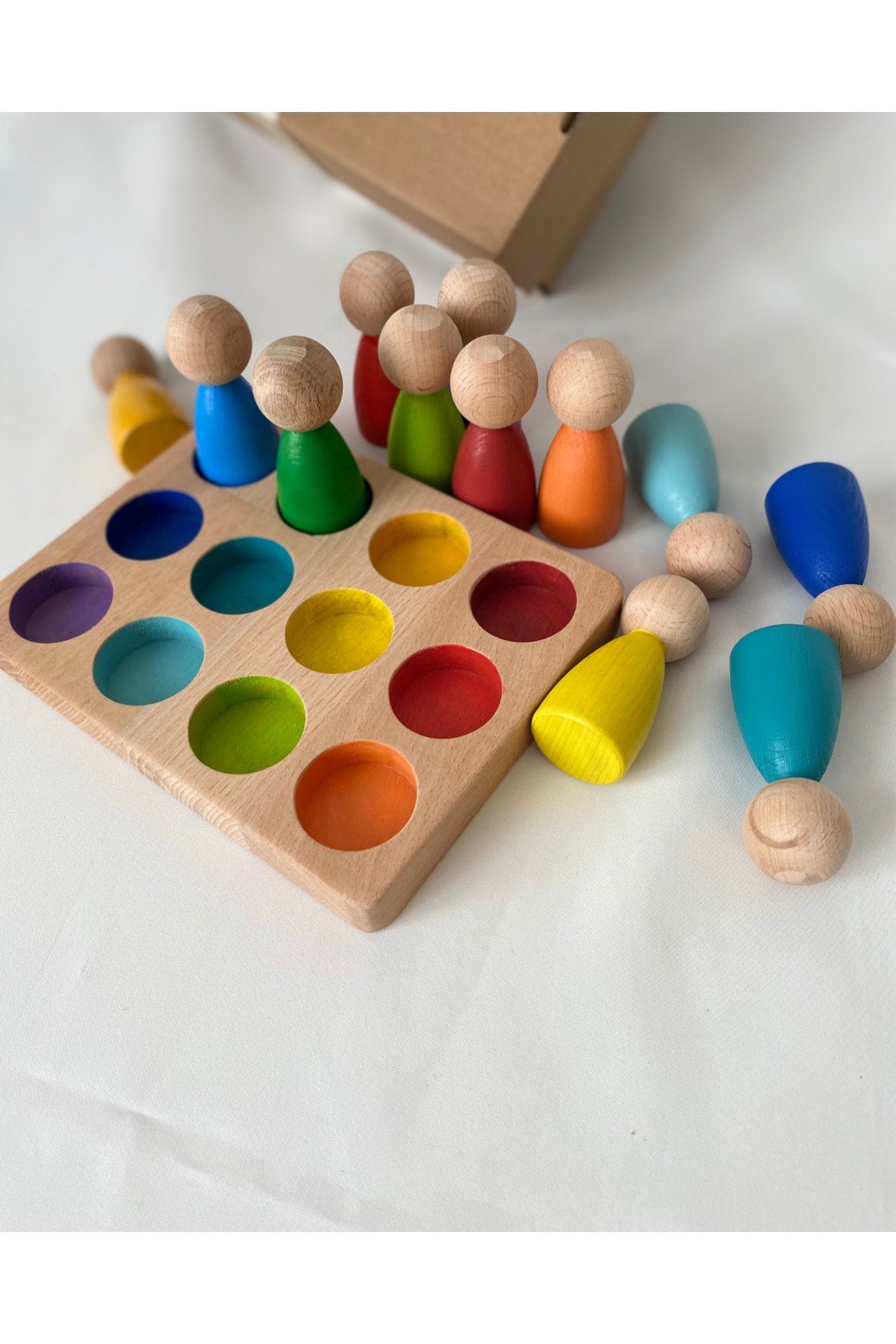 Waldorf Colorful Peg Doll And Tray Matching 12 Pcs Human Figure, Educational Baby Toy Wooden Toy