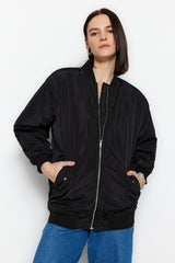 Black Oversize Sleeves Pleated Bomber Coat TWOSS23MO00048 - Swordslife