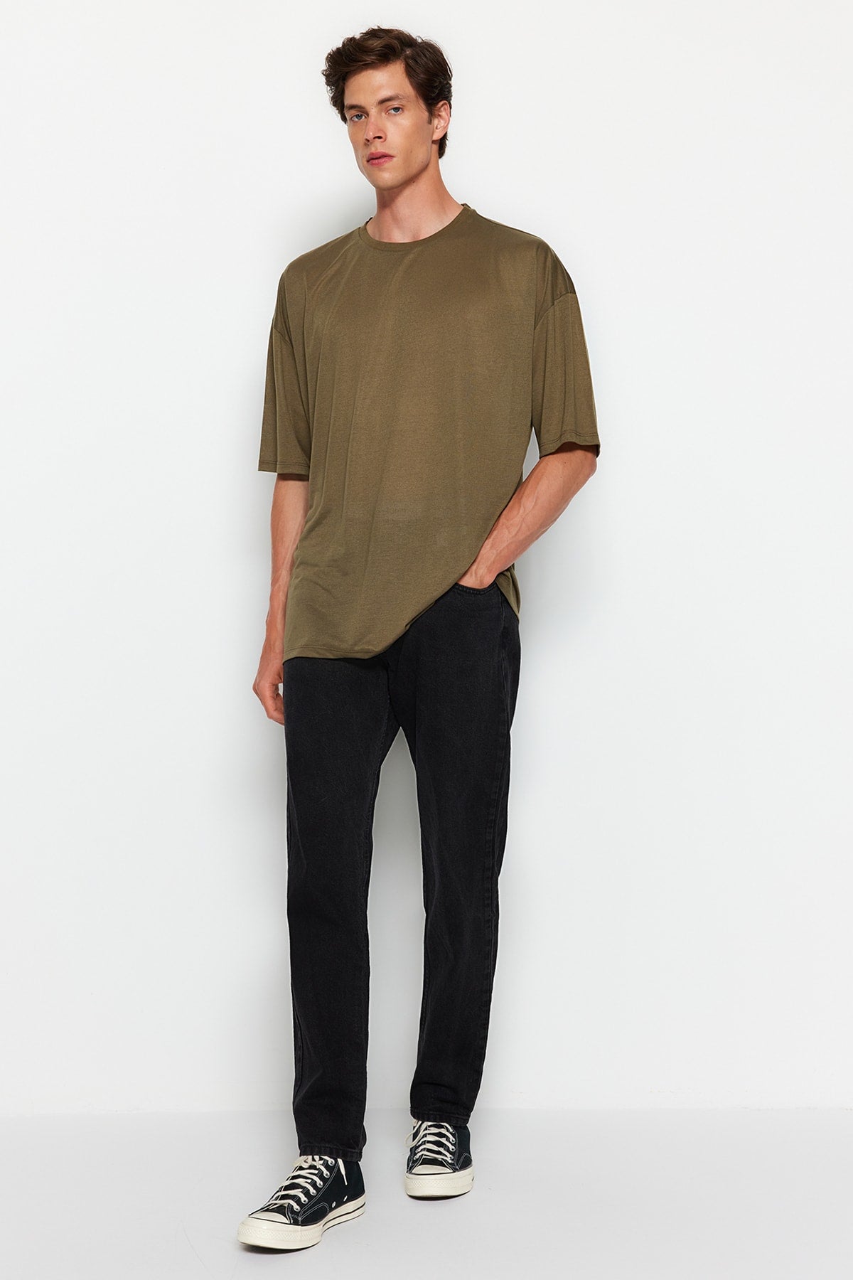 Khaki Men's Basic Crew Neck Oversize Short Sleeve T-Shirt TMNSS22TS0300