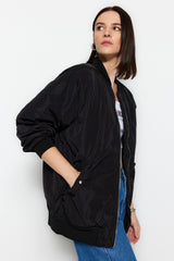 Black Oversize Sleeves Pleated Bomber Coat TWOSS23MO00048 - Swordslife