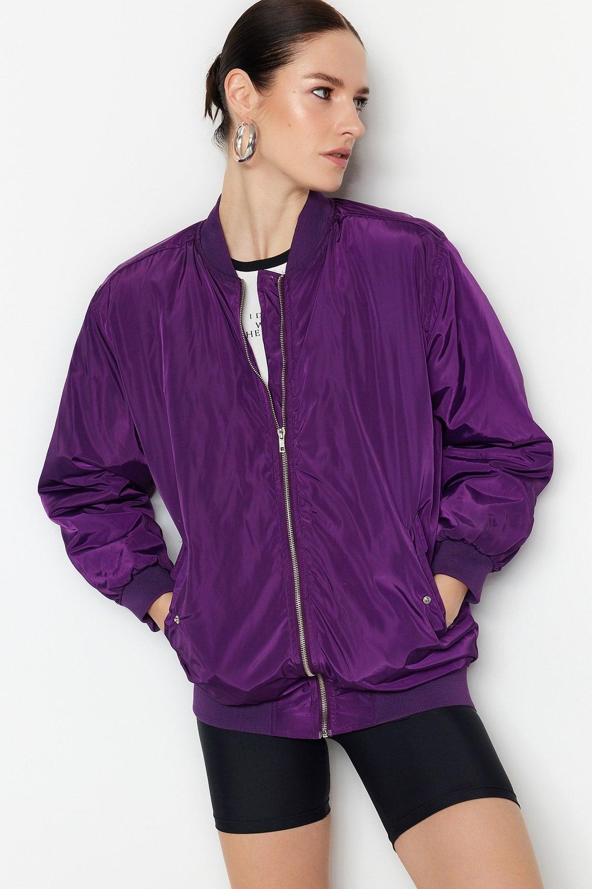 Purple Oversize Sleeves Pleated Bomber Coat TWOSS23MO00048 - Swordslife