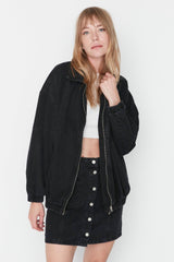 Black Zipper Oversize Bomber Denim Jacket TWOAW23CE00213 - Swordslife