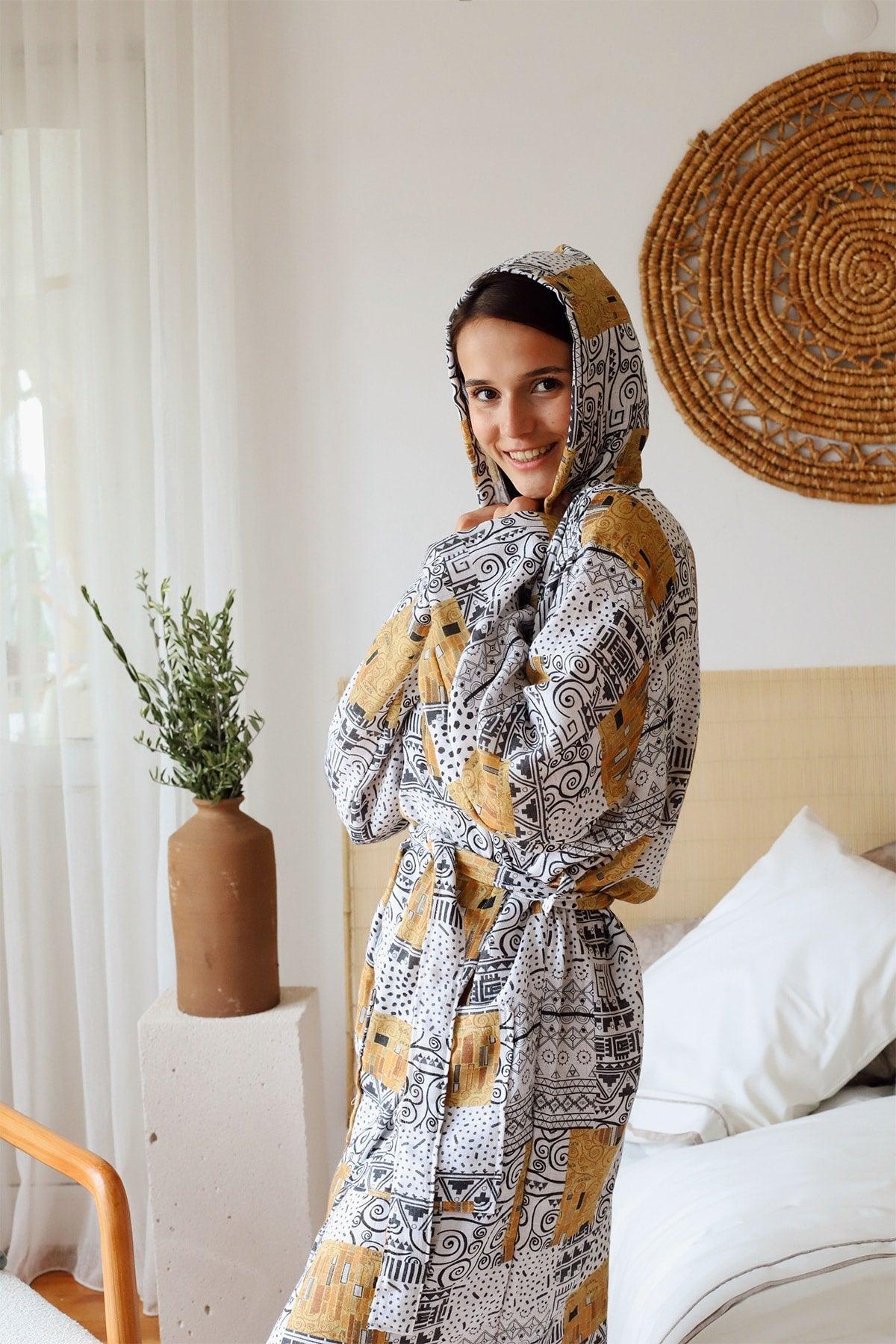 Adult Patterned Muslin Bathrobe, Special Design 100% Cotton 2 Layers Double Sided Hooded - Swordslife