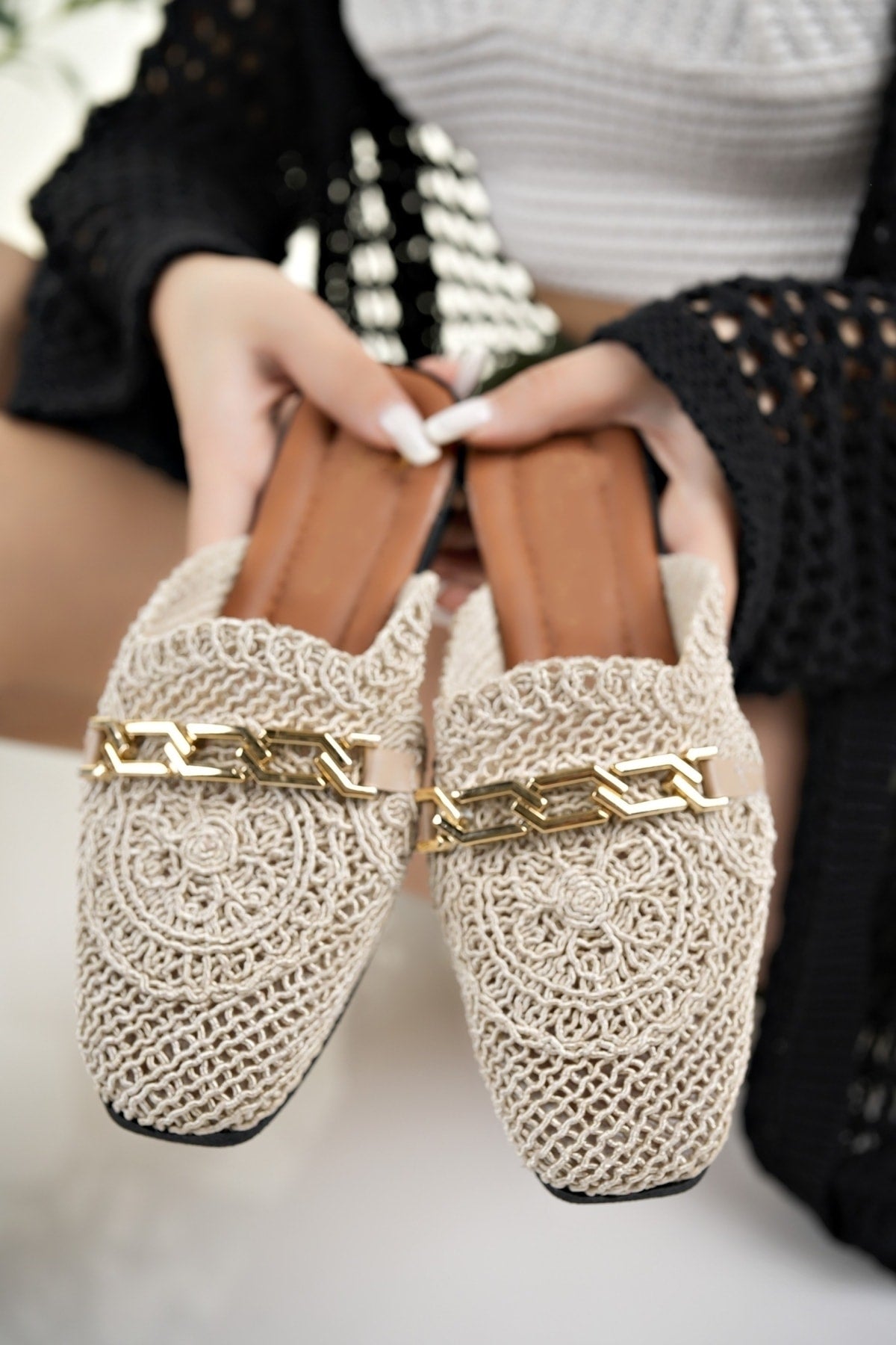 Women's Closed Front Straw Slippers Beige Lace Knitted Embroidered Dowry Daily Slippers