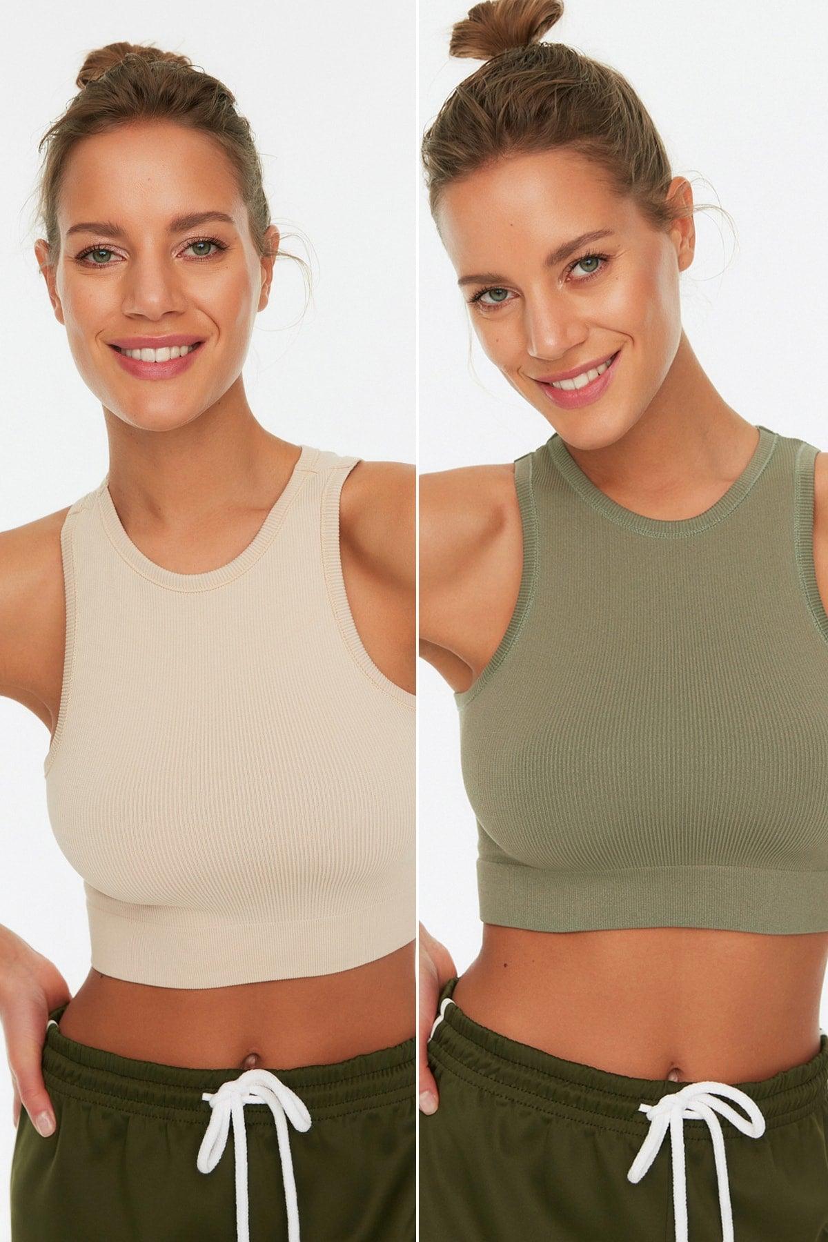 Khaki-Stone 2-Pack Seamless/Seamless Halter Neck Sports Bra TWOSS22SS00000 - Swordslife