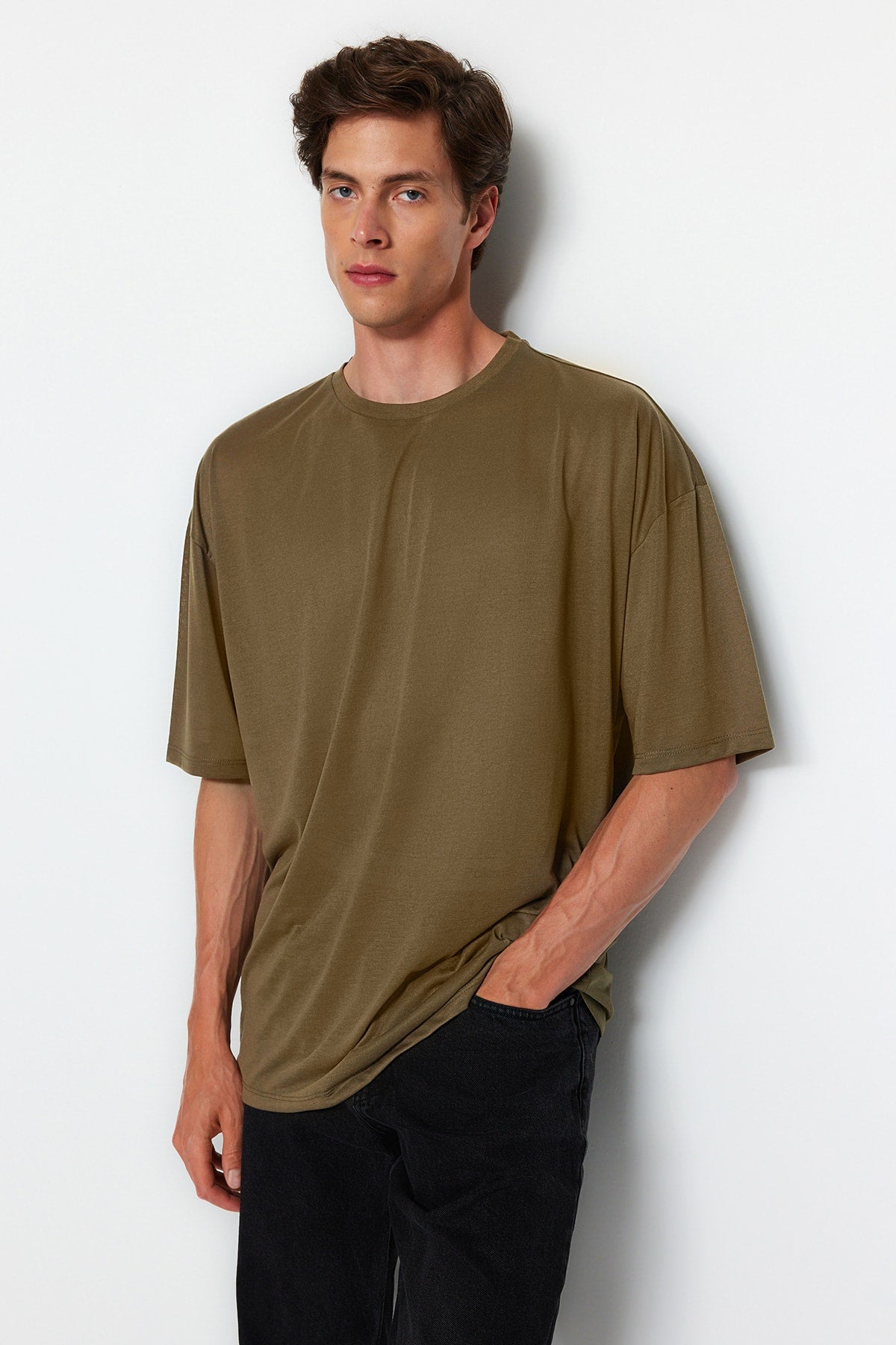 Khaki Men's Basic Crew Neck Oversize Short Sleeve T-Shirt TMNSS22TS0300