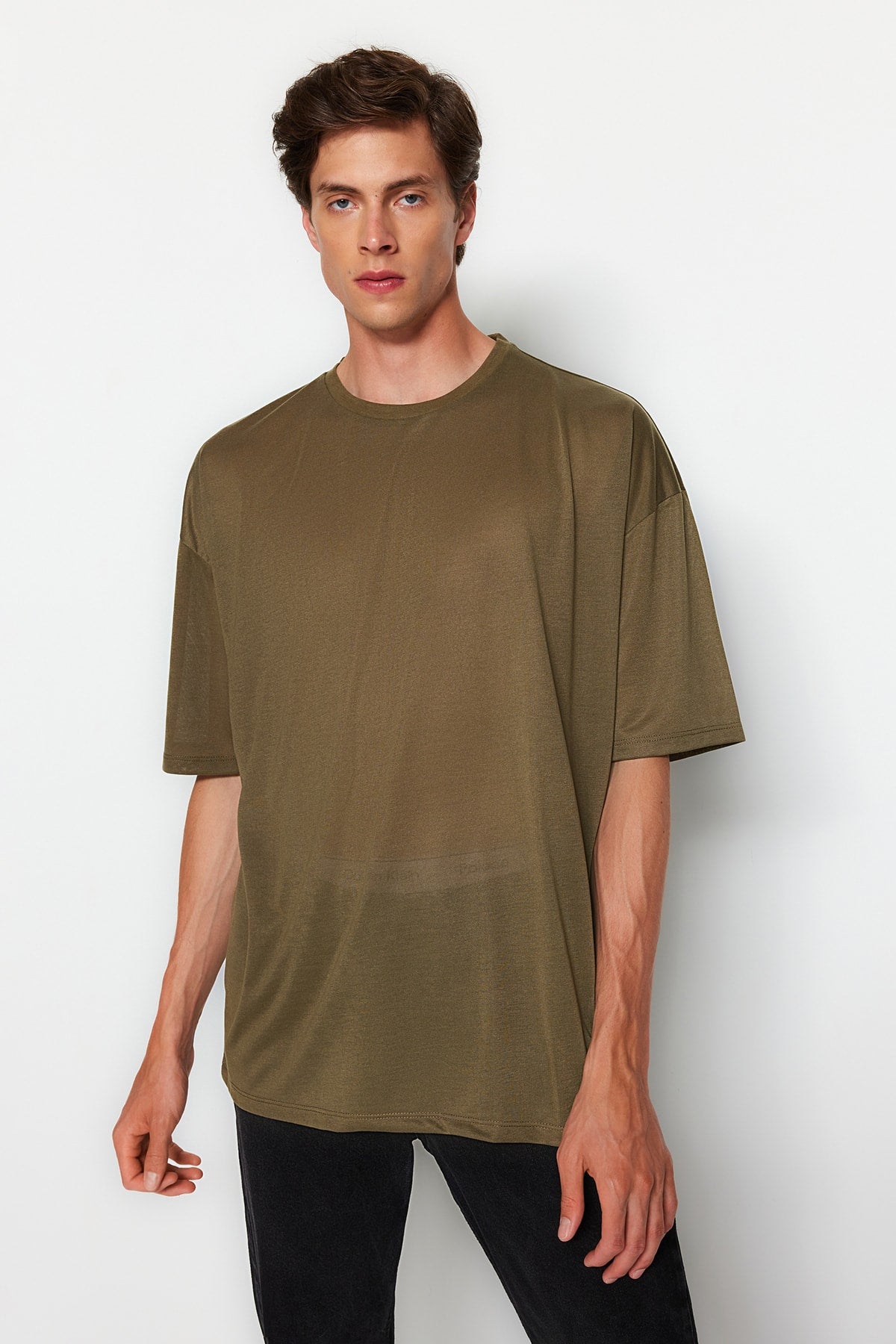 Khaki Men's Basic Crew Neck Oversize Short Sleeve T-Shirt TMNSS22TS0300