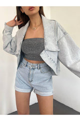 Women's Long Sleeve Oversize Bolero Denim Jacket Gray - Swordslife