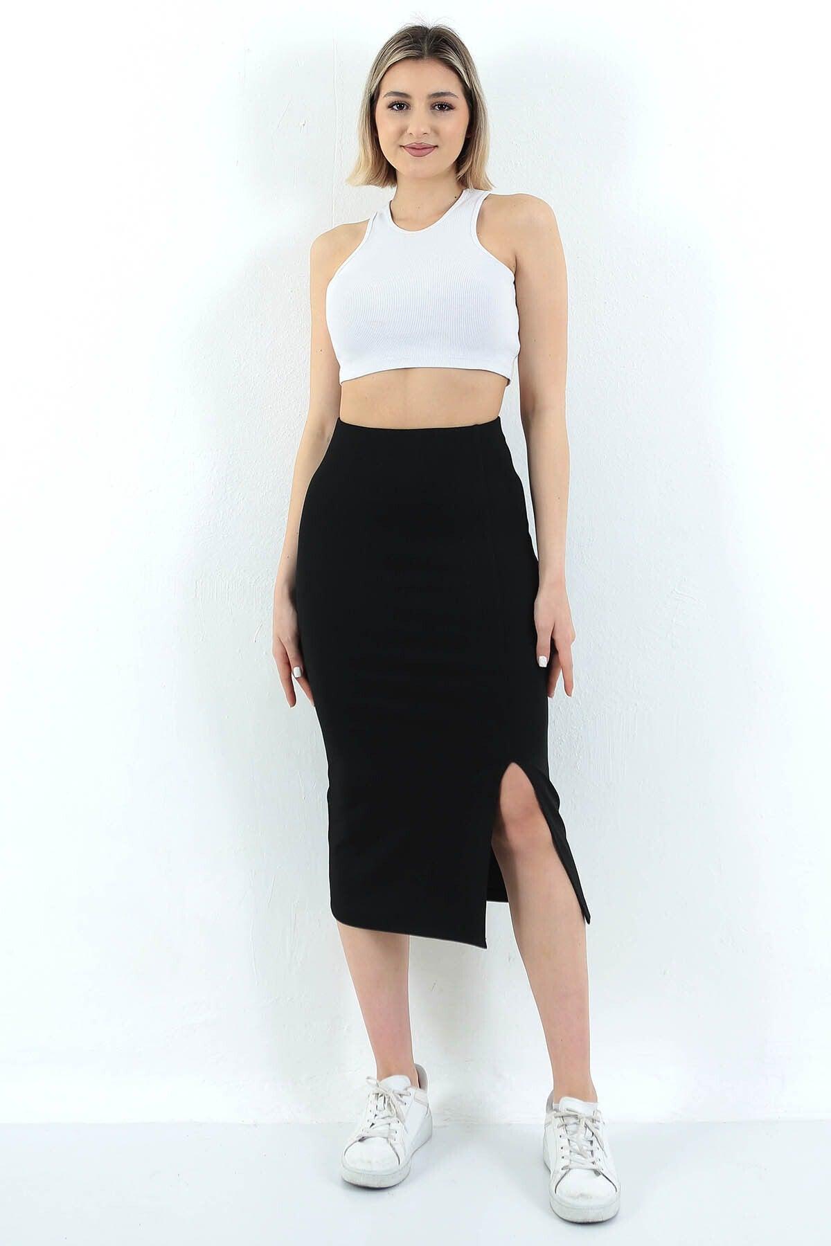 Women's Black Slit Detailed Corduroy Long Skirt - Swordslife