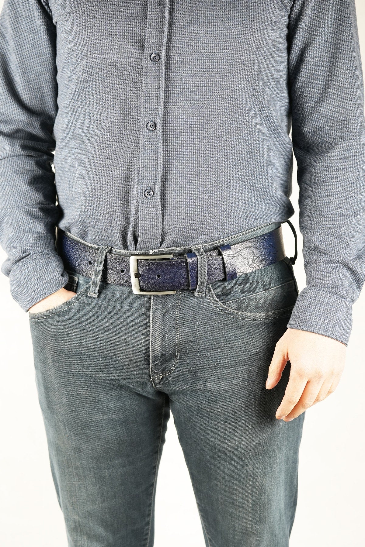 Genuine Buffalo Leather Men's Belt 4.5 Cm Navy Blue Jeans Sport Belt