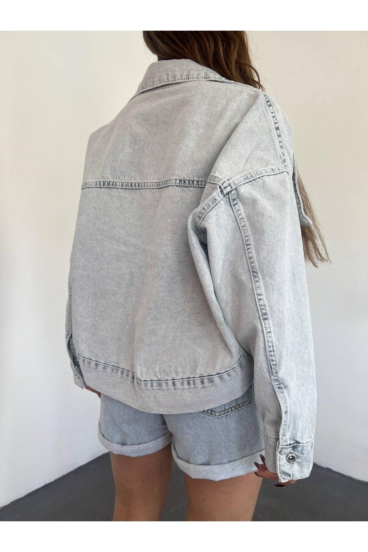 Women's Long Sleeve Oversize Bolero Denim Jacket Gray - Swordslife