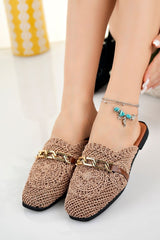 Women's Closed Front Straw Slippers Taba Lace Knitted Embroidered Dowry Daily Slippers