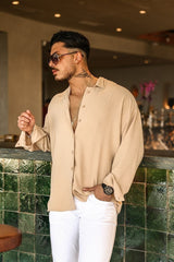Men's Beige Linen Aerobin Loose Fit Oversized Loose Shirt