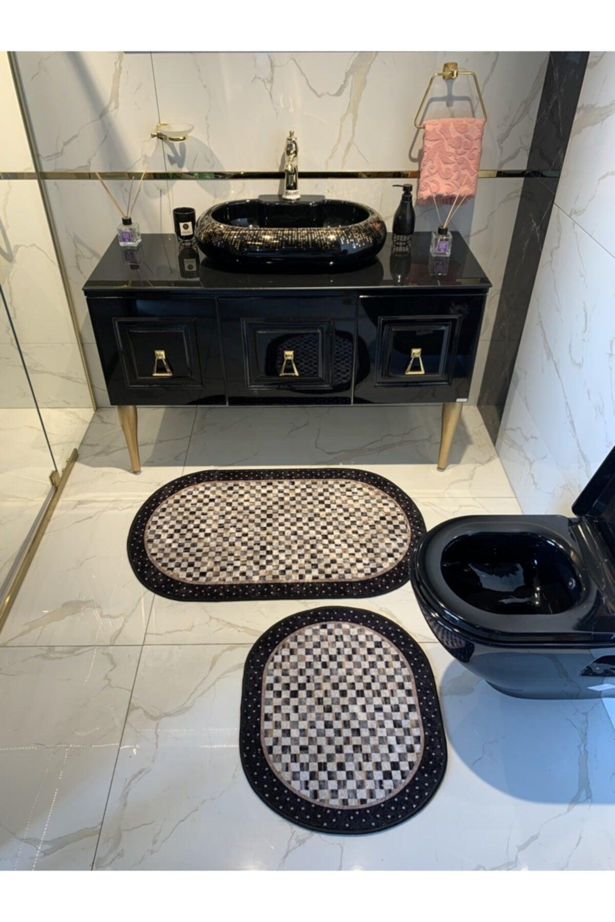 Minares Model Checker Pattern 2 Pack Latex Floor Bath Mat Set (60X100 - 60X50) Black-brown - Swordslife