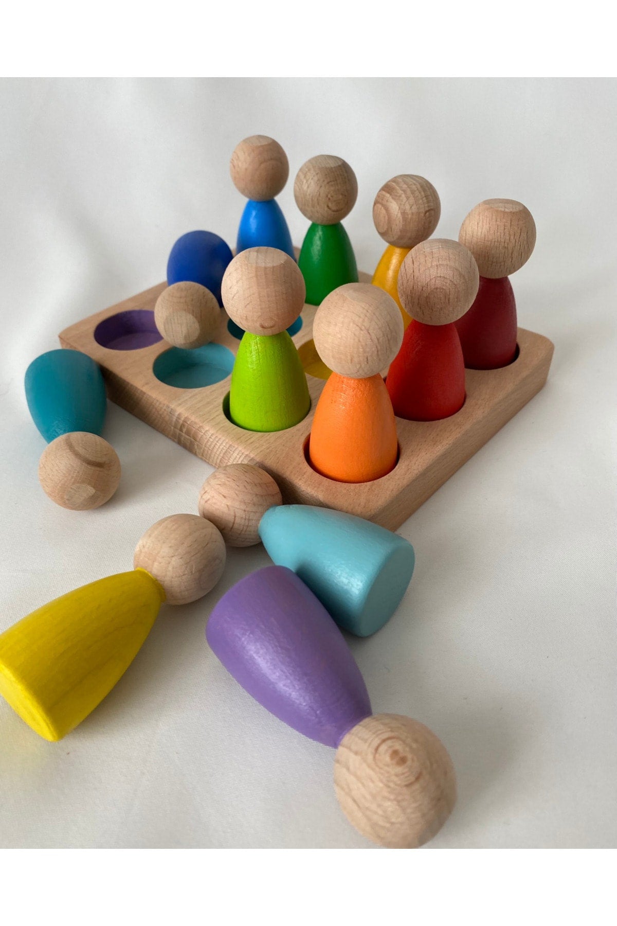 Waldorf Colorful Peg Doll And Tray Matching 12 Pcs Human Figure, Educational Baby Toy Wooden Toy