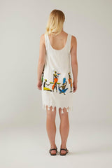 White Sile Cloth Tasseled Ethnic Printed Sleeveless Summer Dress - Swordslife