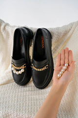 Women's Thick Sole Loafer Loafers Black With Pearls - Swordslife