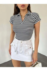 Fitted/fitting Polo Neck Short Sleeve Striped Camisole Crop Blouse Black White - Swordslife