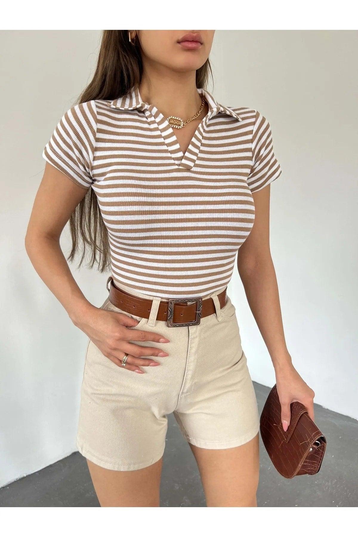 Fitted/fitted Polo Neck Short Sleeve Striped Camisole Crop Blouse Camel - Swordslife