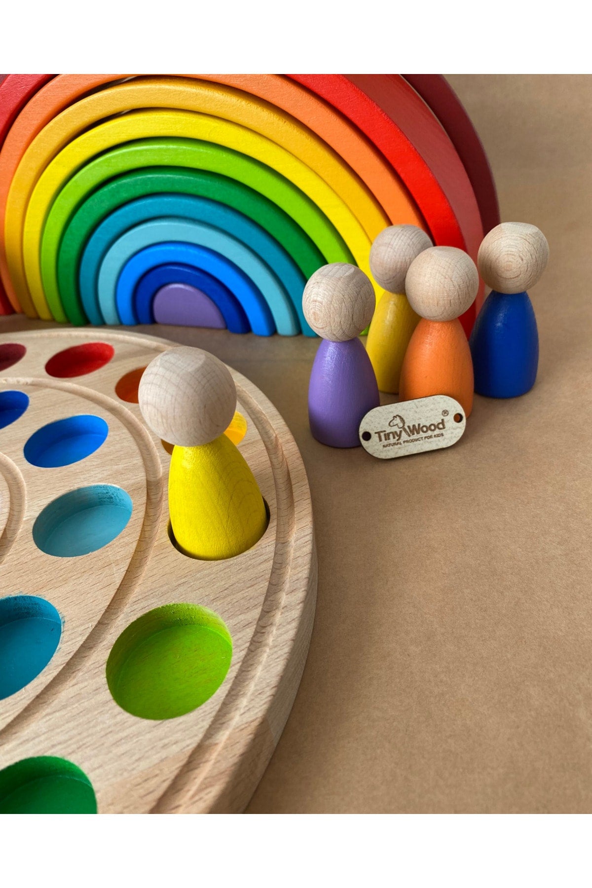 1 Year 12 Waldorf Rainbow Peg Baby Tray Set, Rainbow 12 Piece Color Matching Wooden Toy