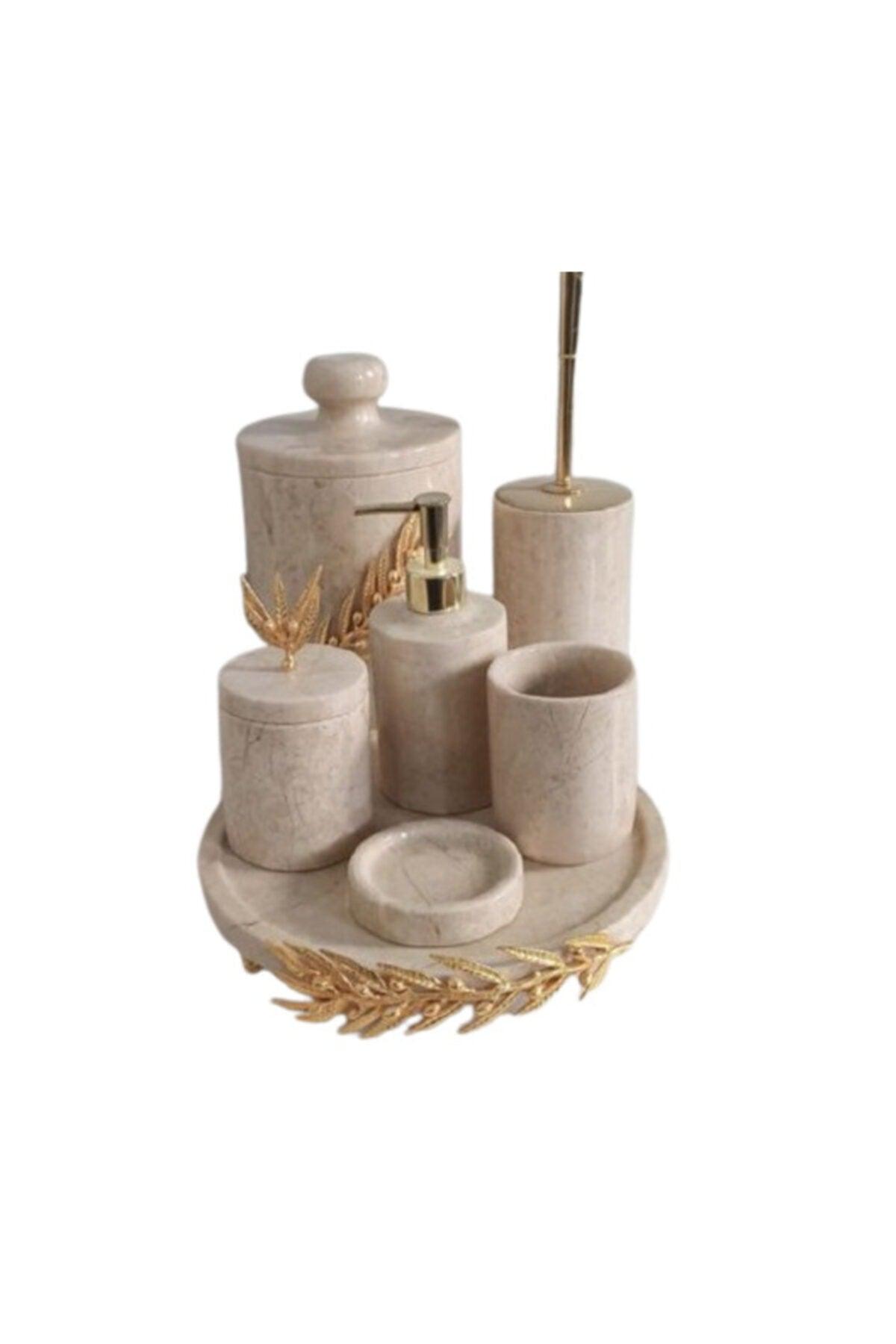 Decorative Beige Marble Gold Olive Branch Detailed 7 Pcs Bathroom Set - Swordslife