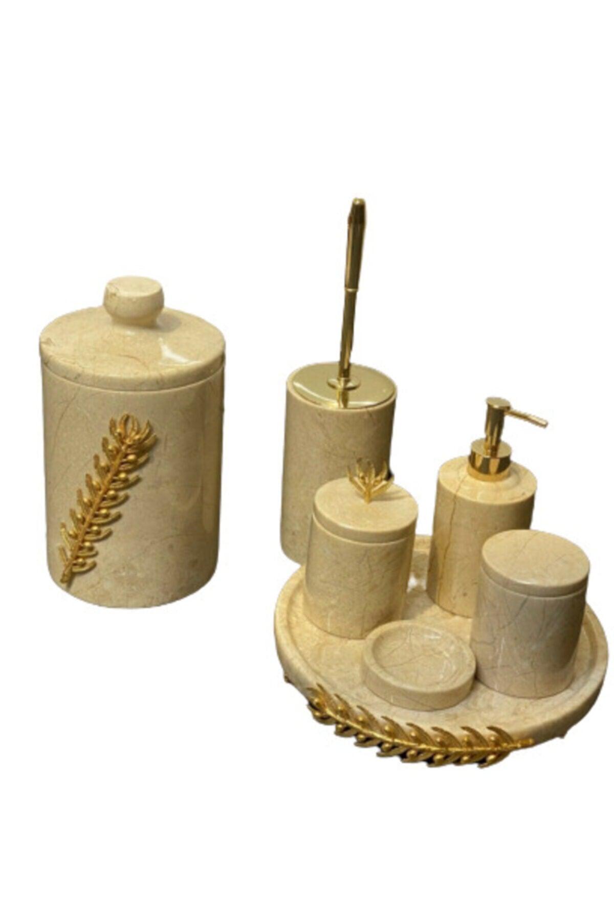 Decorative Beige Marble Gold Olive Branch Detailed 7 Pcs Bathroom Set - Swordslife