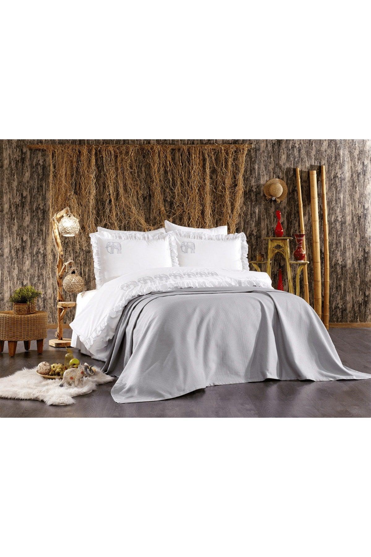 7-Piece Elephant Patterned Amazonian Double Cotton Gray Duvet Cover Set With Frills And Pique Bedspread - Swordslife