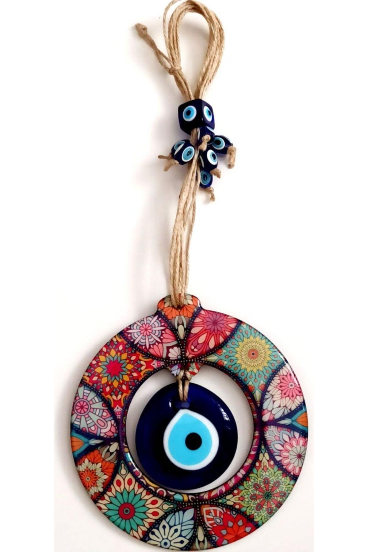 Wooden Mandala Patterned Glass Evil Eye Beaded Door, Wall And Garden Ornament Charms - Swordslife