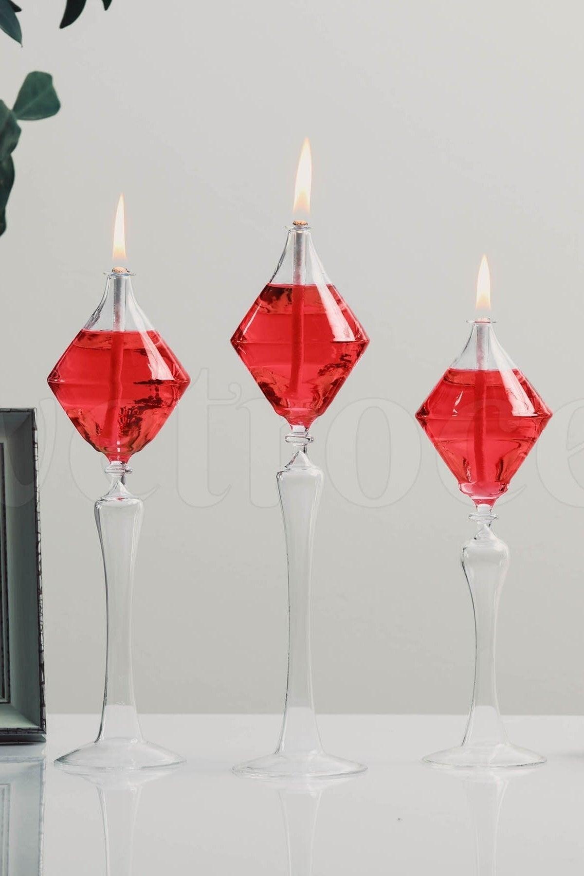 Footed Diamond Glass Oil Lamp Set of 3 Oil Red - Swordslife